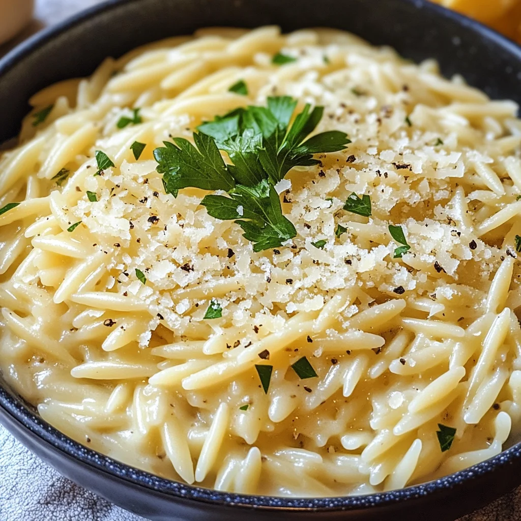 Cremige Orzo-Nudeln mit Knoblauch und Parmesan