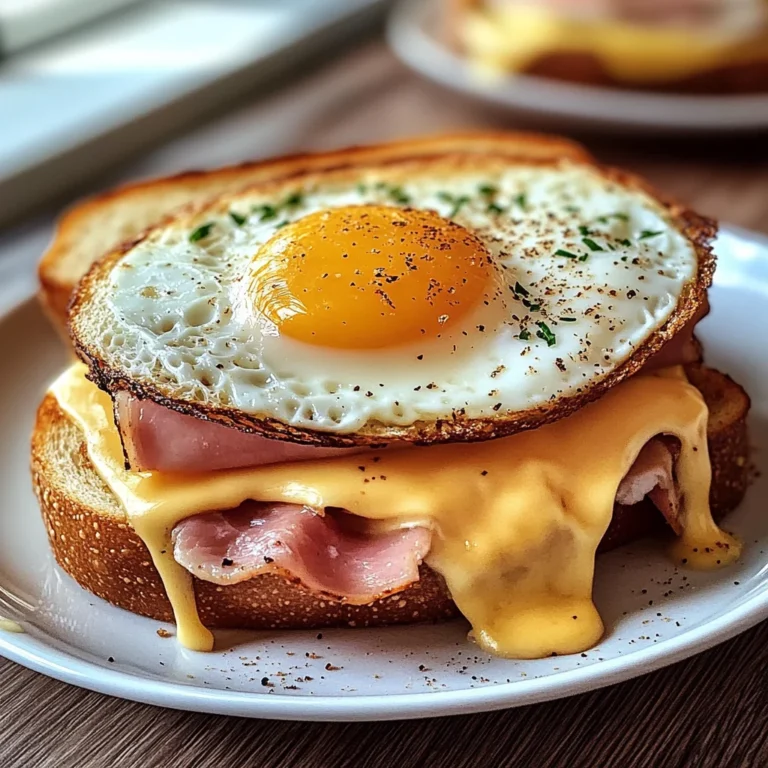Croque Madame Sandwich mit heißem Käse, Karoschinken und Spiegelei