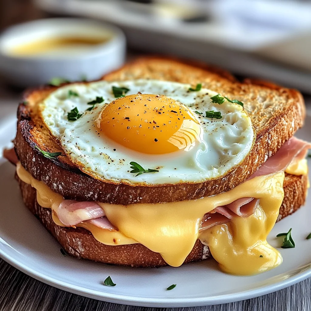 Croque Madame Sandwich mit heißem Käse, Karoschinken und Spiegelei