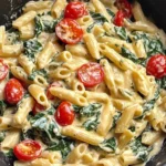 Nudeln mit Schmelzkäse und Spinat