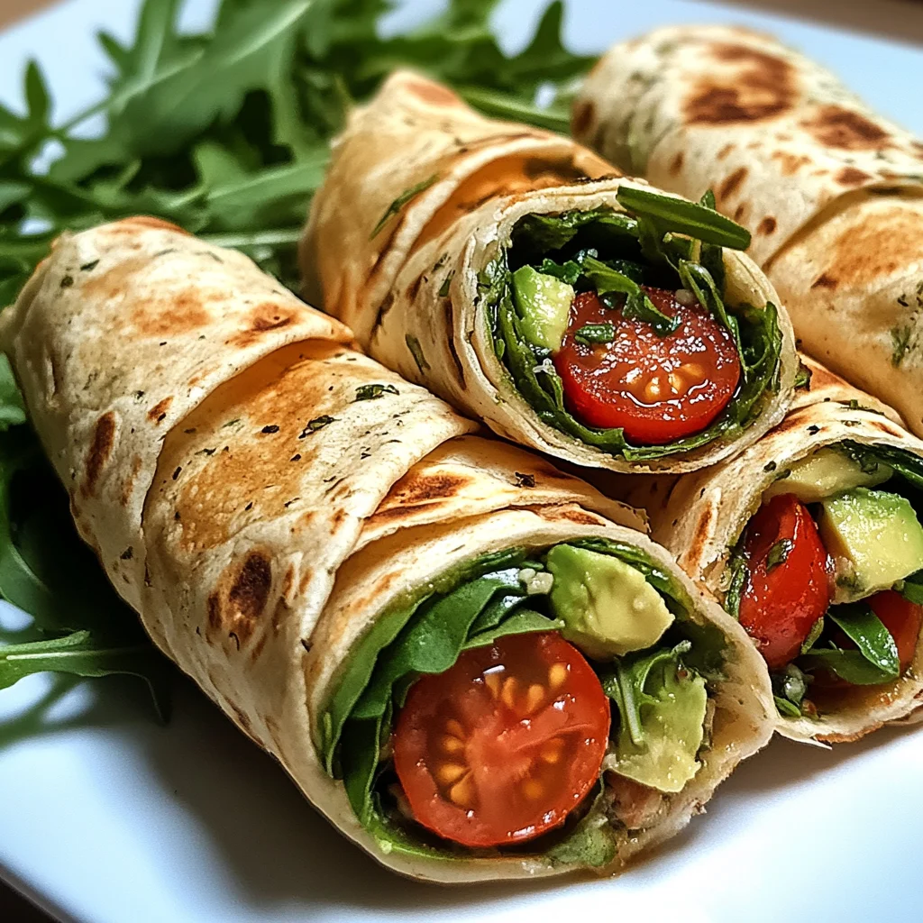 Vegetarische Wrap-Röllchen mit Rucola und Tomaten
